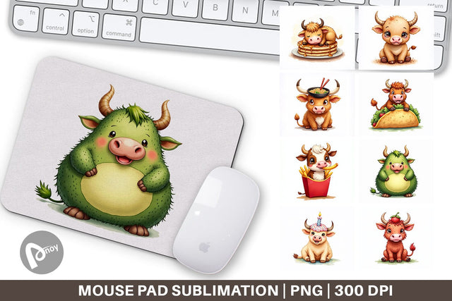 Mouse Pad Foodie Highland Cow UglyCute Watercolor Treats Sublimation artnoy 