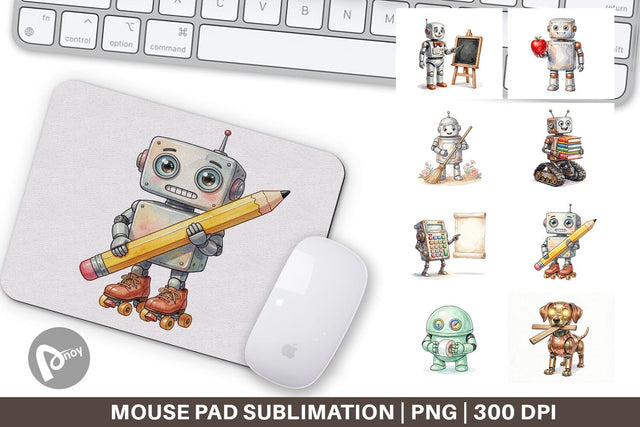 Mouse Pad Friendly Retro School Robot Watercolor Sublimation artnoy 