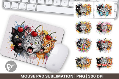 Mouse Pad Funny Treat Panic Cats Watercolor Sublimation artnoy 