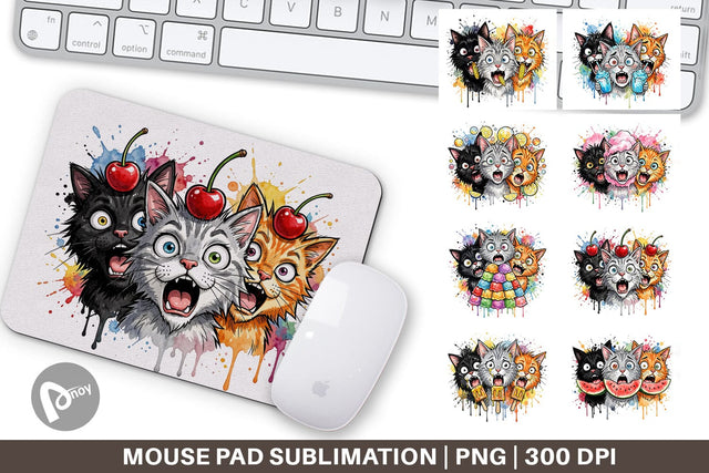 Mouse Pad Funny Treat Panic Cats Watercolor Sublimation artnoy 
