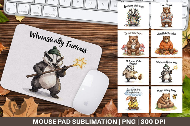 Mouse Pad Grumpy Bear Badger Hygge Watercolor Sublimation artnoy 