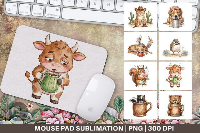 Mouse Pad Grumpy Desert Coffee Animal Watercolor Sublimation artnoy 
