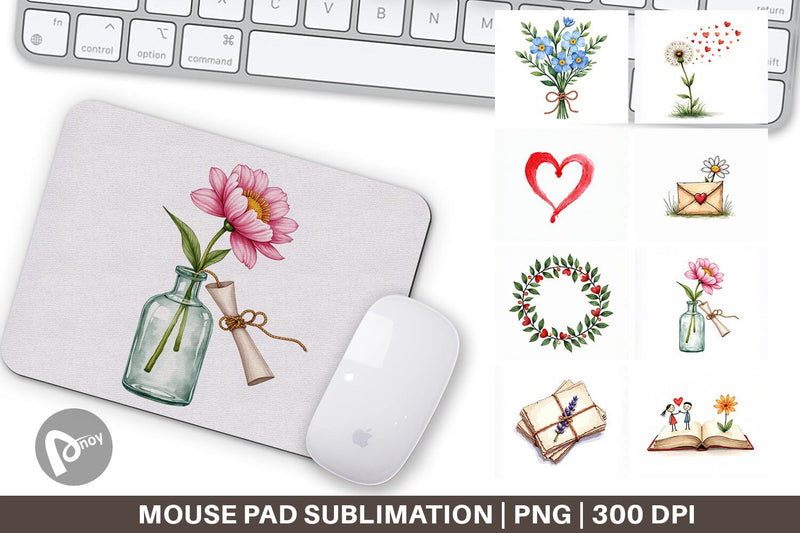 Mouse Pad Handmade Valentine Blooms & Notes Watercolor Sublimation artnoy 