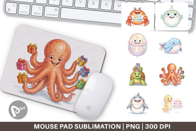 Mouse Pad Happy Round Ocean Birthday Watercolor Sublimation artnoy 