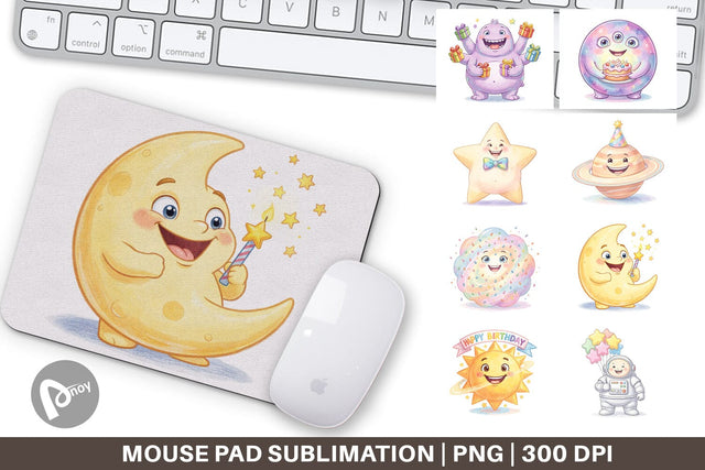 Mouse Pad Happy Round Space Birthday Watercolor Sublimation artnoy 
