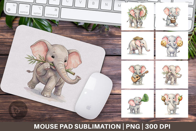 Mouse Pad Musical Jungle Elephant Watercolor Sublimation artnoy 