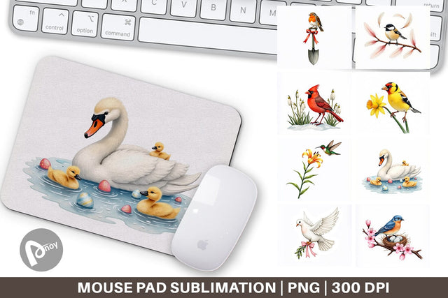 Mouse Pad Pastel Spring Birds & Blooms Watercolor Sublimation artnoy 
