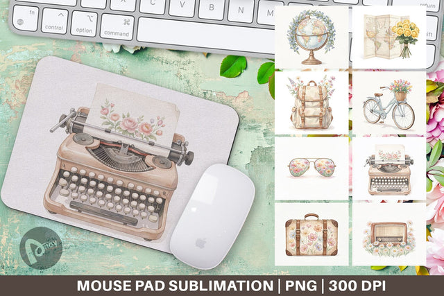 Mouse Pad Pastel Vintage Travel Gear Watercolor Sublimation artnoy 