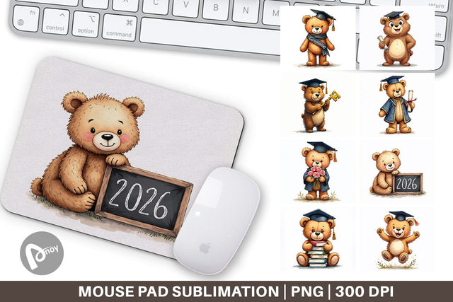 Mouse Pad Patchwork Teddy Bear Graduates Sketchy Retro Sublimation artnoy 