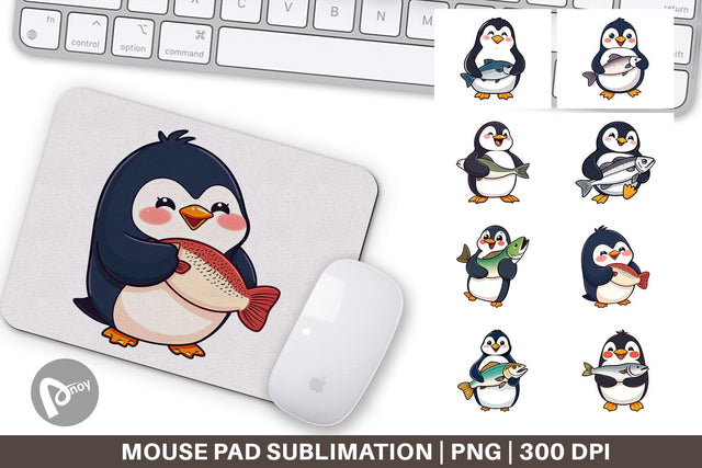 Mouse Pad Penguin Holding a Fish Sublimation artnoy 