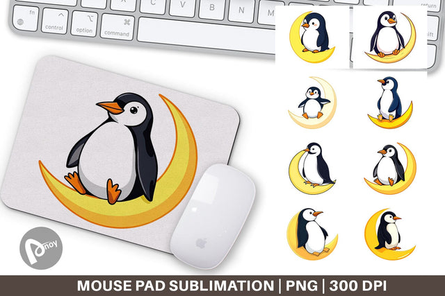 Mouse Pad Penguin on a Crescent Moon Sublimation artnoy 