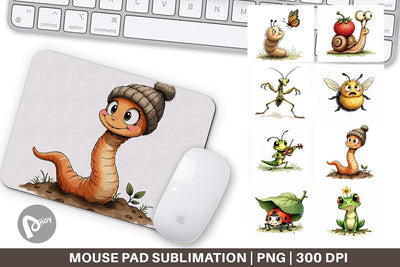 Mouse Pad Quirky Garden Critters Inked Watercolor Illustrations Sublimation artnoy 