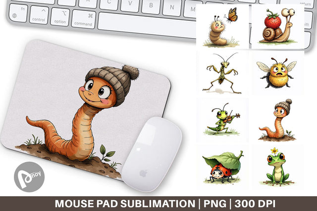 Mouse Pad Quirky Garden Critters Inked Watercolor Illustrations Sublimation artnoy 