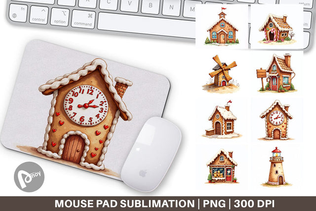 Mouse Pad Quirky Gingerbread Village Watercolor Sublimation artnoy 