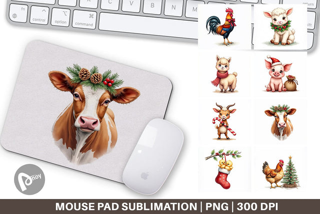 Mouse Pad Rustic Farmhouse Christmas Animals Watercolor Sublimation artnoy 