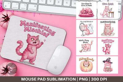 Mouse Pad Sassy Pink Cat Halloween Watercolor Sublimation artnoy 