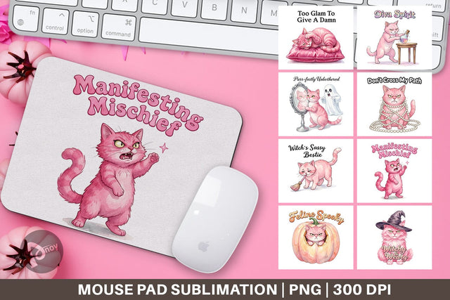 Mouse Pad Sassy Pink Cat Halloween Watercolor Sublimation artnoy 