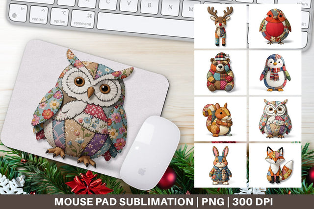 Mouse Pad Stitched Woodland Animal Patchwork Sublimation artnoy 