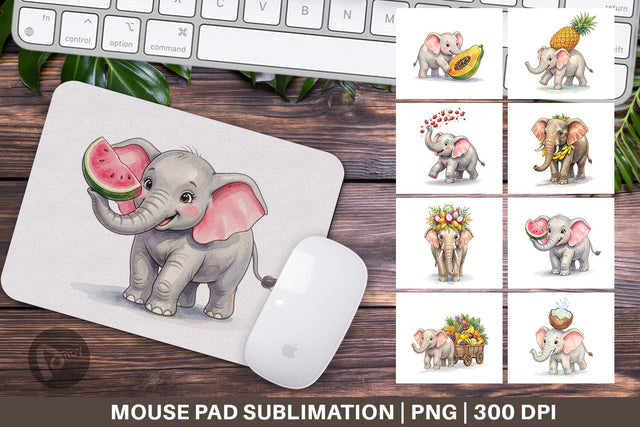 Mouse Pad Tropical Fruit Elephant Watercolor Sublimation artnoy 