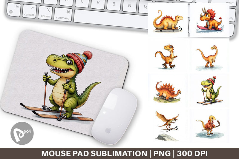 Mouse Pad UglyCute Dinosaur Winter Sports Watercolor Art Sublimation artnoy 