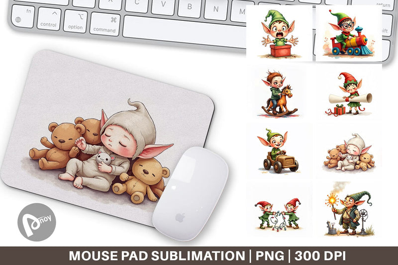 Mouse Pad UglyCute Elf Workshop Antics Watercolor Sublimation artnoy 