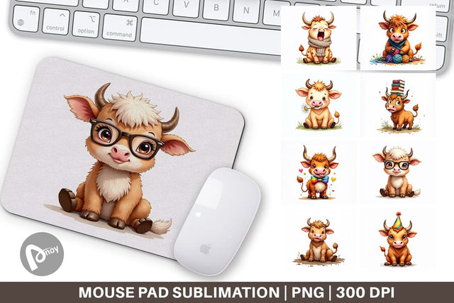 Mouse Pad UglyCute Highland Cow Watercolor Quirky Farm Friends Sublimation artnoy 