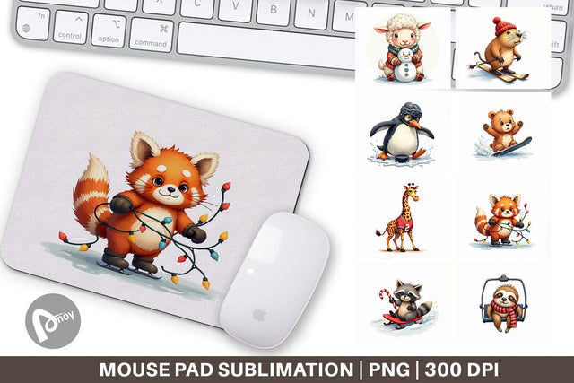 Mouse Pad UglyCute Winter Sports Animals Watercolor Sublimation artnoy 