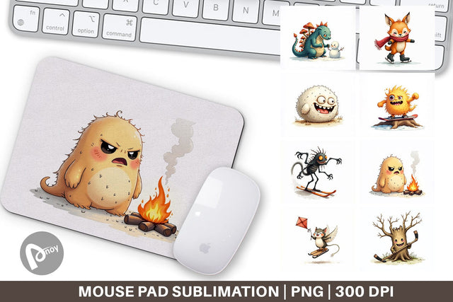 Mouse Pad UglyCute Woodland Monsters Winter Sports Sublimation artnoy 