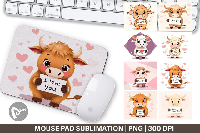 Mouse Pad Valentine Highland Cow Cartoon Sublimation artnoy 