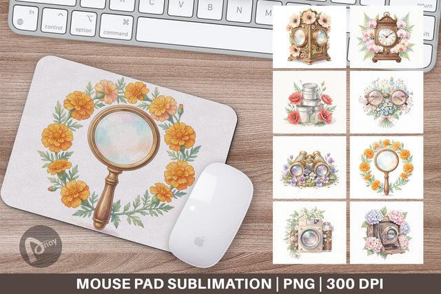 Mouse Pad Vintage Camera And Floral Watercolor Sublimation artnoy 