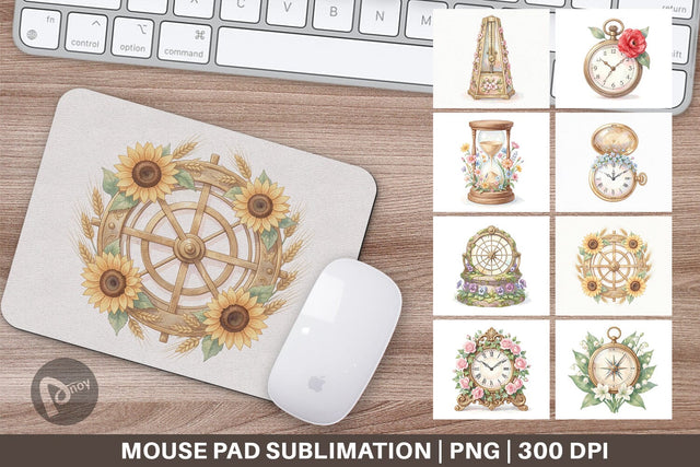 Mouse Pad Vintage Clock And Floral Watercolor Sublimation artnoy 
