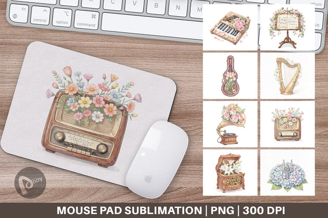 Mouse Pad Vintage Music And Floral Watercolor Sublimation artnoy 