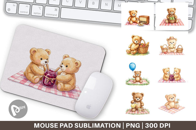 Mouse Pad Vintage Teddy Bear Picnic Watercolor Sublimation artnoy 