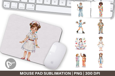 Mouse Pad Watercolor 70s Retro Nurse Characters Sublimation artnoy 