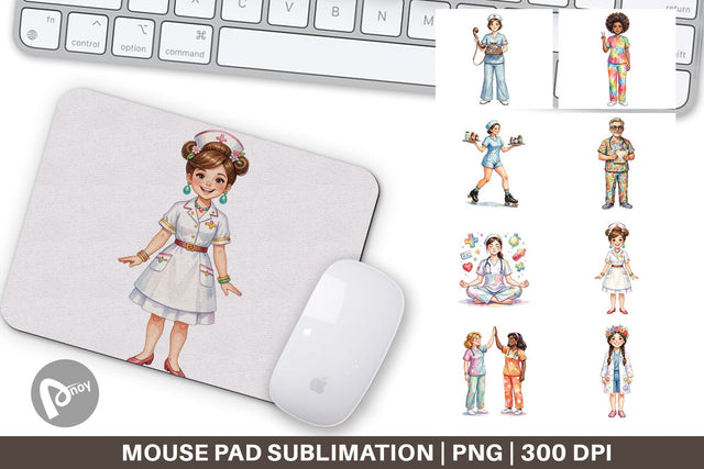 Mouse Pad Watercolor 70s Retro Nurse Characters Sublimation artnoy 