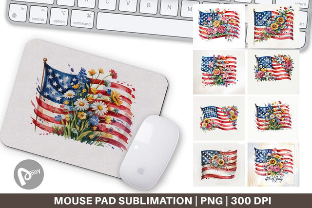 Mouse Pad Watercolor American Flag Floral Sublimation artnoy 