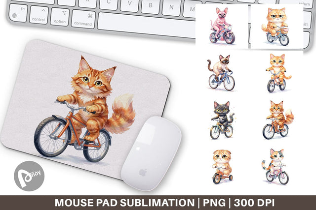 Mouse Pad Watercolor Big Eye Cat Cyclist Art Sublimation artnoy 