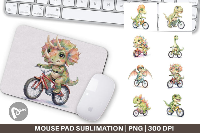 Mouse Pad Watercolor Big Eye Dinosaur Biking Art Sublimation artnoy 
