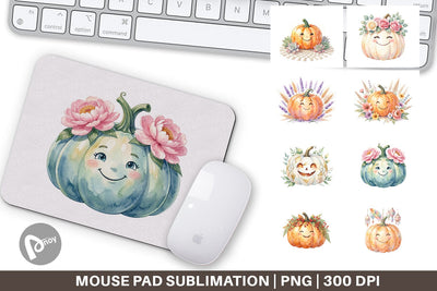 Mouse Pad Watercolor Boho Floral Smiling Pumpkin Sublimation artnoy 