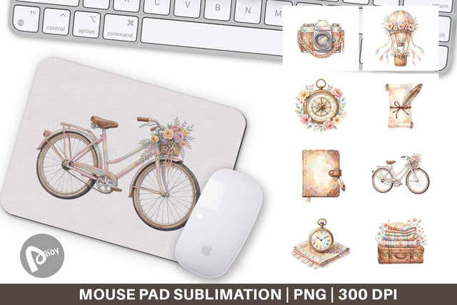 Mouse Pad Watercolor Boho Vintage Travel Ephemera Sublimation artnoy 
