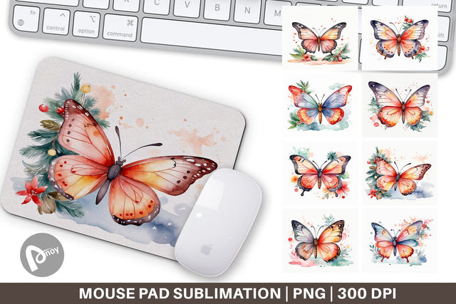 Mouse Pad Watercolor Christmas Butterfly Sublimation artnoy 
