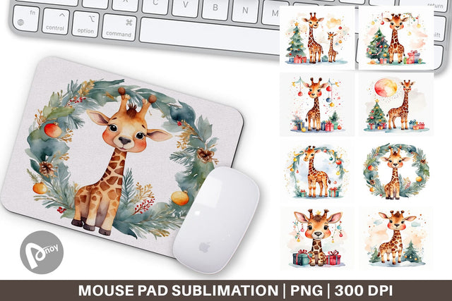Mouse Pad Watercolor Christmas Giraffe Sublimation artnoy 