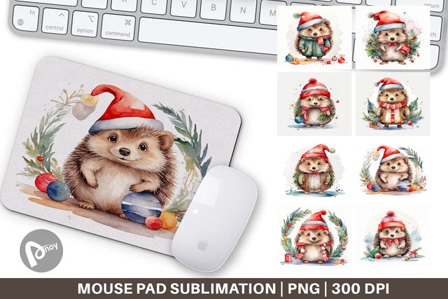 Mouse Pad Watercolor Christmas Hedgehog Sublimation artnoy 