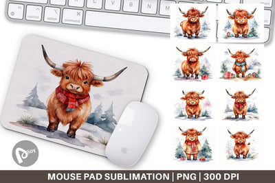 Mouse Pad Watercolor Christmas Highland Cow Sublimation artnoy 