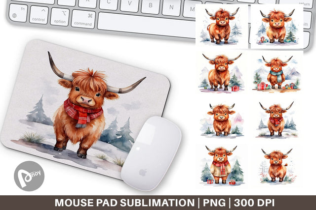 Mouse Pad Watercolor Christmas Highland Cow Sublimation artnoy 