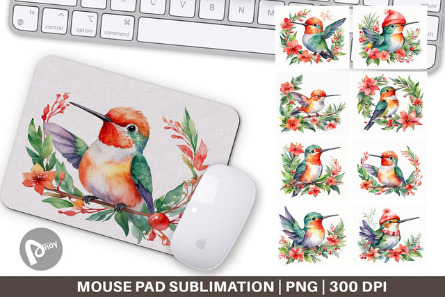 Mouse Pad Watercolor Christmas Hummingbird Sublimation artnoy 