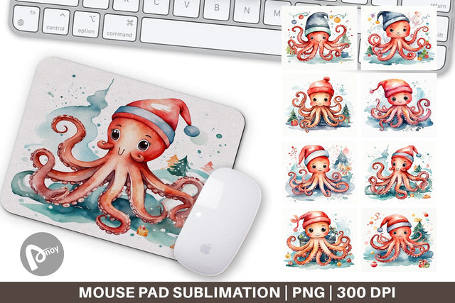 Mouse Pad Watercolor Christmas Octopus Sublimation artnoy 