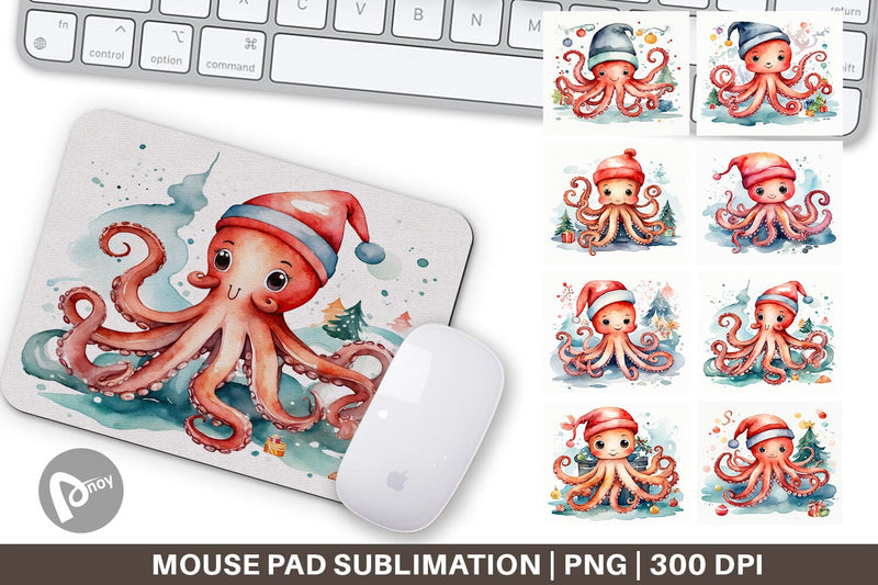 Mouse Pad Watercolor Christmas Octopus Sublimation artnoy 