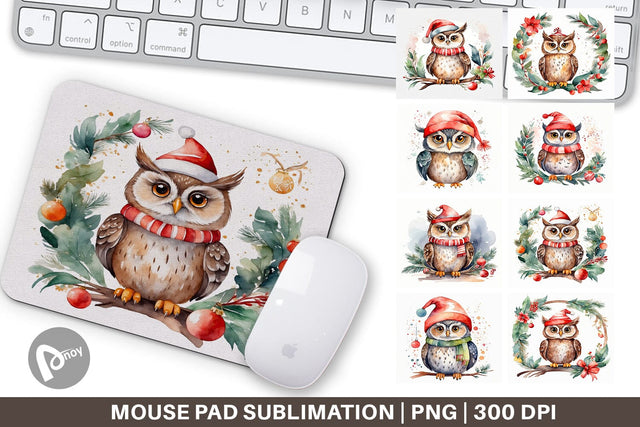 Mouse Pad Watercolor Christmas Owl Sublimation artnoy 