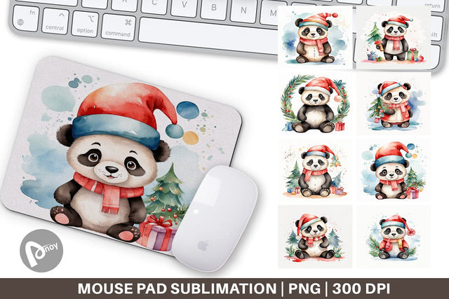 Mouse Pad Watercolor Christmas Panda Sublimation artnoy 